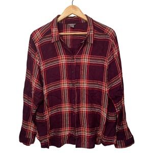 Eddie Bauer Womens Plaid Flannel Shirt Burgundy Red Orange Beige 2XL Relax Sot